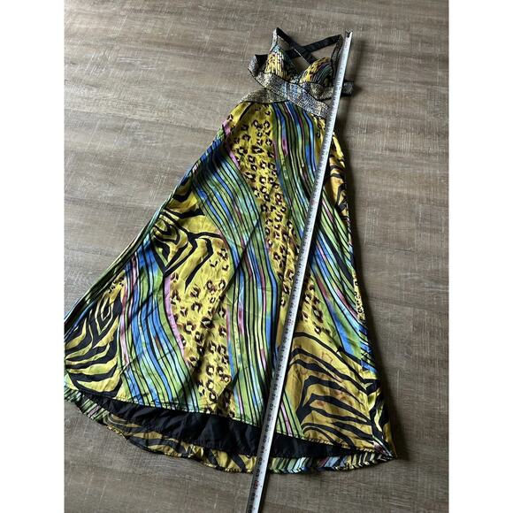 Cache Beaded Sequined Satin Gown Dress women's 4 Y2K Cut Out Peacock Gypsy - Picture 7 of 16